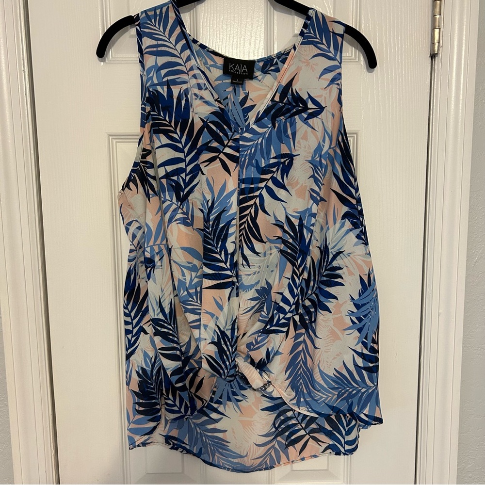 Blue, Pink, and Cream Leaf Print Women's Top
